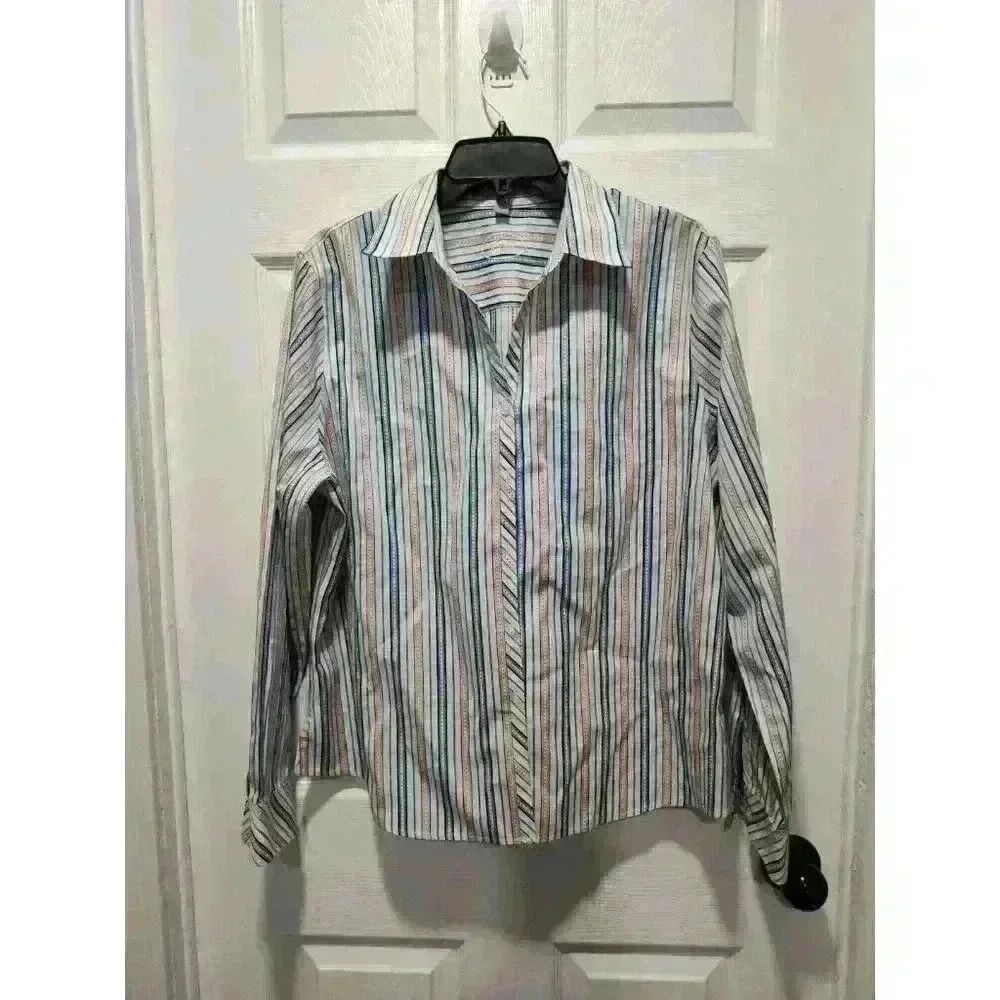 Foxcroft Blue Multicolor Stripe Button-Up L/S Classic Fit Wrinkle‎ Free Shirt 16